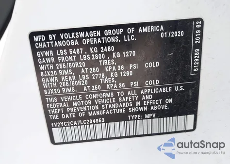 2020 Volkswagen Atlas Cross Sport 2.0T Se W/Technology/2.0T Se W/Technology R-Line z USA, uszkodzony, nr VIN 1V2YC2CA7LC204953